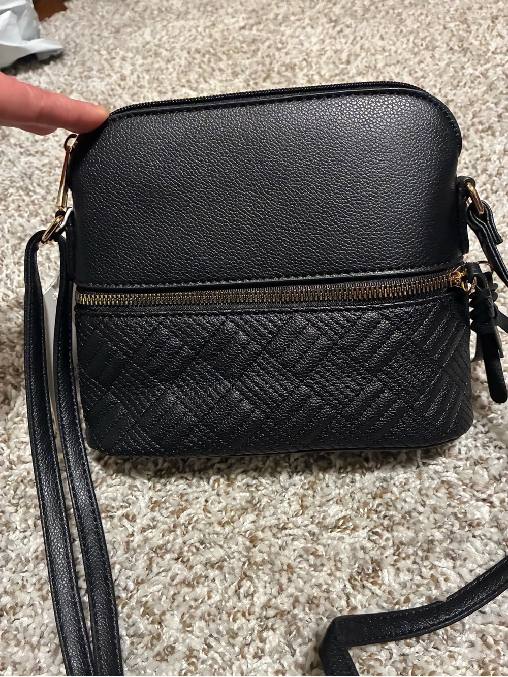Compact Black Quilted Crossbody Bag with Gold Zipper Detail